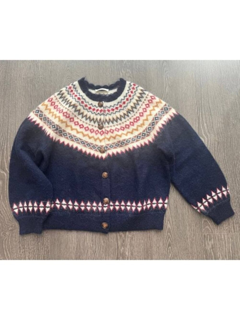 Doen Harvest Mohair Wool Cashmere Knit Print Cardigan Top Navy Oslo Fair Isle L